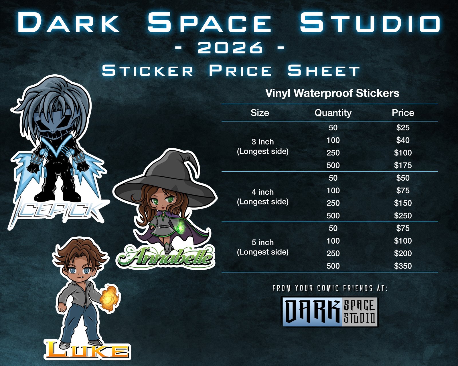 Dark Space Studio sticker price list for 2026