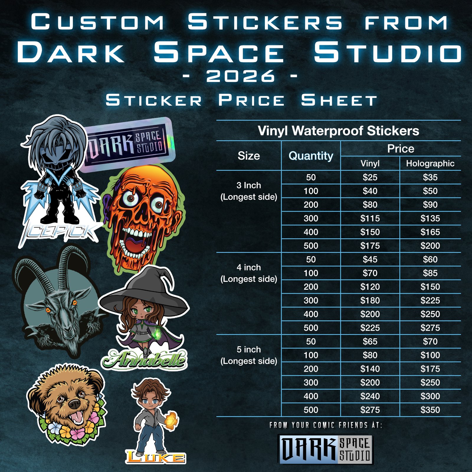 Dark Space Studio sticker price list for 2026